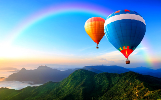 1920x1200 pix. Wallpaper sky, rainbow, balloons, mountains, hot air balloon
