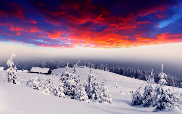 2560x1440 pix. Wallpaper winter, art, graphics, photoshopen, nature, snow, sunset, red sky
