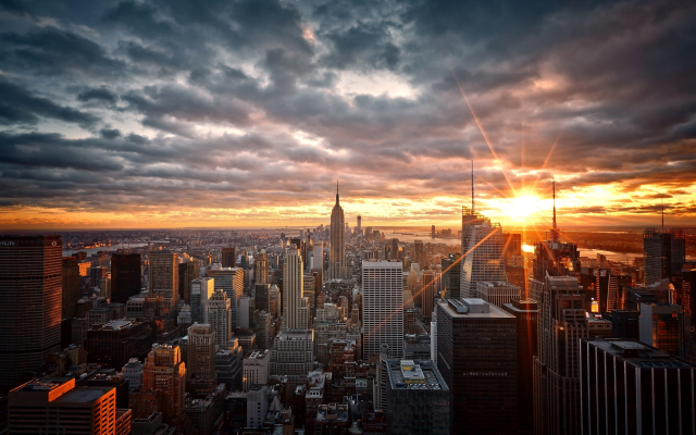 2880x1800 pix. Wallpaper manhattan, new york, usa, skyscrapers, sunrise, city, clouds