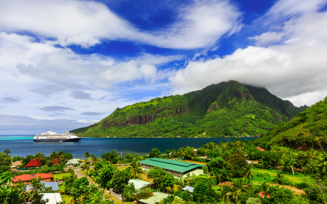 5616x3744 pix. Wallpaper french polynesia, mountains, ship, resort, cruise ship