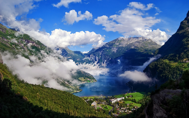 2048x1365 pix. Wallpaper geirangerfjord, mountains, more and romsdal, geiranger, norway, fjord, village, clouds