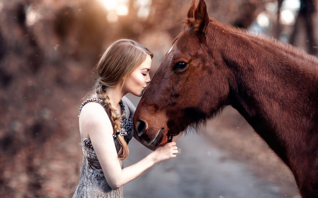 2048x1365 pix. Wallpaper girl, horse, kiss, pigtail, women