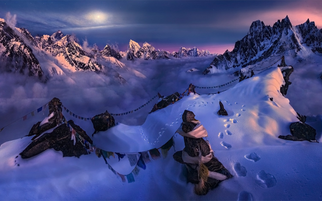 1920x935 pix. Wallpaper Nepal, Himalayas, nature, landscape, mountain, snow, summit, moonlight, sky, flag, winter, cold
