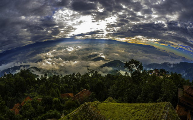 1920x1200 pix. Wallpaper nature, landscape, Nepal, sunrise, trees, clouds, mountain, sun rays, rooftops, sky, panoramas