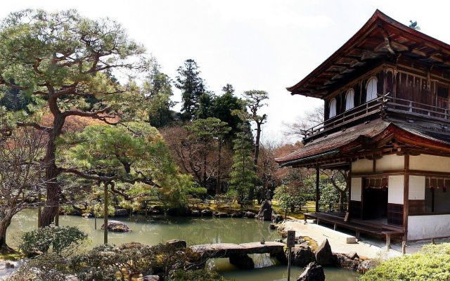 2560x1024 pix. Wallpaper Japanese Garden, garden, castle
