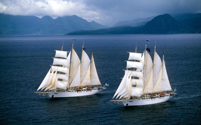 2681x1800 pix. Wallpaper ship, sailboat, nature, island, sea, mountains, sail, star clipper