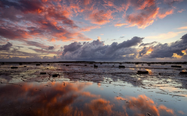 1920x1080 pix. Wallpaper sky, clouds, coast, dawn, reflection, sea, low-tide, beach, nature