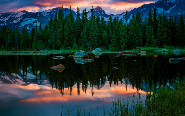2048x1459 pix. Wallpaper red rock lakes, colorado, lake, forest, mountains, sunset, nature