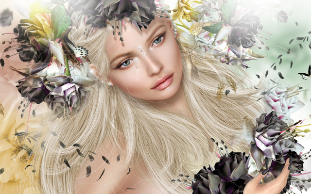 2199x1080 pix. Wallpaper 3d, graphics, women, girl, blonde, butterfly, tears, feather