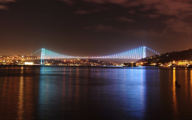2646x1200 pix. Wallpaper city, istanbul, turkey, bridge, night