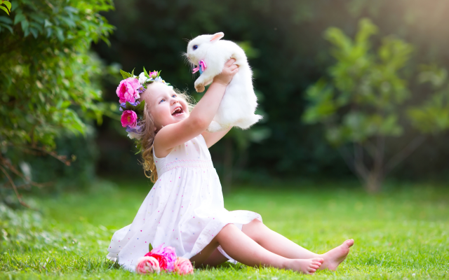 6000x4000 pix. Wallpaper girl, child, nature, summer, grass, wreath, flowers, animals, rabbit, joy