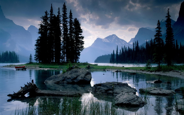 2560x1600 pix. Wallpaper maligne lake. alberta, stones, fir tree, mountains, lake, canada, nature