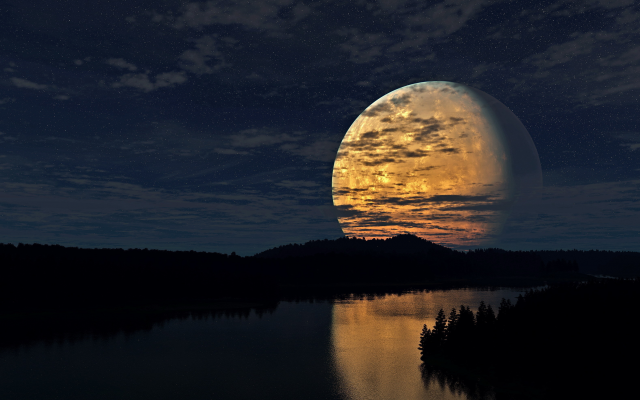 3508x1973 pix. Wallpaper night, sky, moon, river, reflection, nature