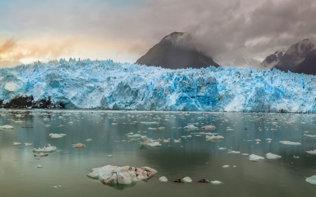 2077x768 pix. Wallpaper glaciers, mist, fjord, Chile, panoramas, mountain, clouds, sunrise, water, cold, nature, landscape