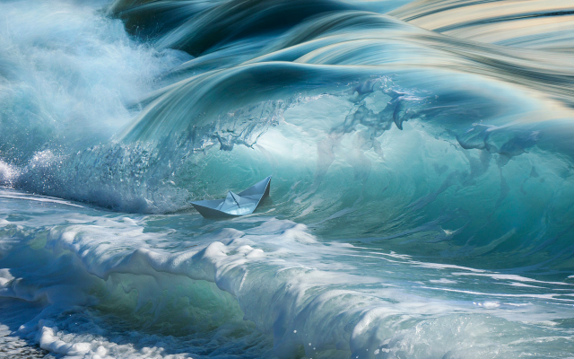 2048x1212 pix. Wallpaper ocean, wave, paper boat, art, nature, splash
