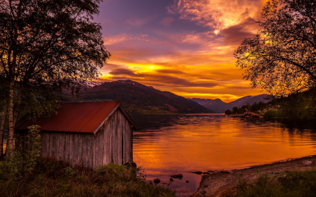 1920x1200 pix. Wallpaper nature, landscape, boathouses, lake, sunset, Norway, trees, mountain, sky, clouds, shrubs, water, go