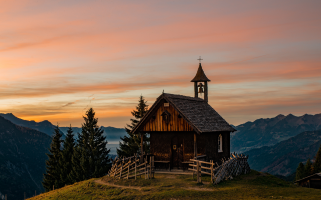 6000x3256 pix. Wallpaper church, mountains, alps, nature, beautiful, sunset, austria