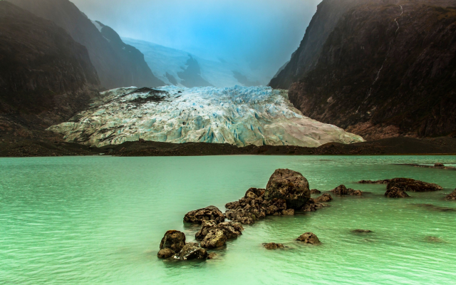 2500x1563 pix. Wallpaper landscape, nature, mist, glaciers, lake, Chile, mountain, cold, water, green