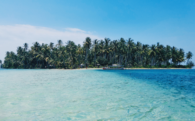 5172x2861 pix. Wallpaper tropics, island, palm trees, boat, nature, water, ocean, sea
