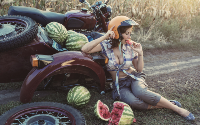 2048x1473 pix. Wallpaper field, road, situation, motorcycle, crash, girl, watermelon, women, busty