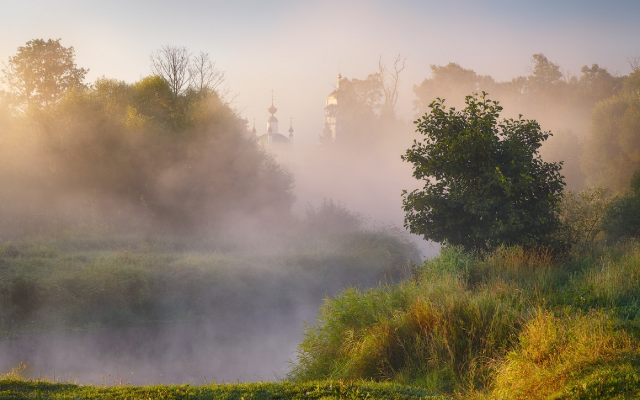 1920x1279 pix. Wallpaper morning, fog, church, river, nerskaya river, moscow oblast, russia