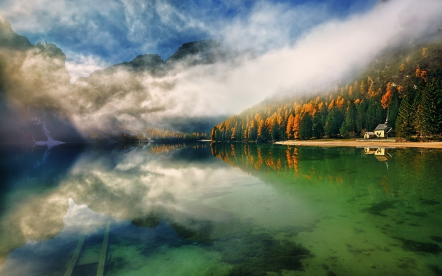 1920x1200 pix. Wallpaper autumn, lake, mountains, nature, fog, forest