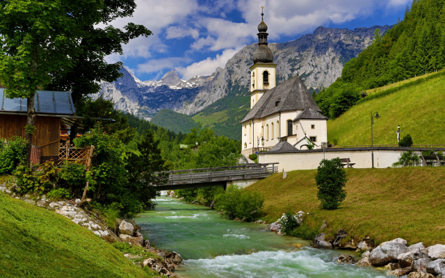 2048x1366 pix. Wallpaper nature, landscape, bavaria, germany, mountains, alps, valley, stream, river, church, bridge