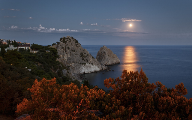 1920x1280 pix. Wallpaper сrimea, sea, moon, moonlit walk, evening, shore, rocks, sky, black sea, nature, russia