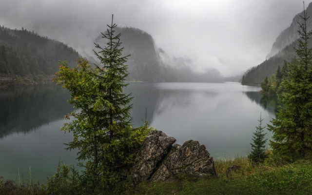 2448x1080 pix. Wallpaper morning, lake, fir, mountains, fog, nature