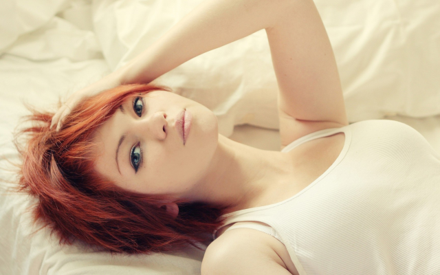 1920x1080 pix. Wallpaper women, model, redhead, long hair, Vladlena Venskaya, lying on back, looking at viewer, blue eyes, ta