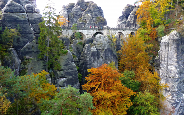 3530x2633 pix. Wallpaper bastei, elbe sandstone mountains, germany, rocks, tree, bridge, autumn