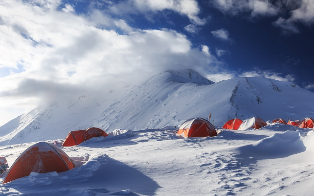 2425x1080 pix. Wallpaper razdelnaya peak, snow, mountains, sky, tent, top, pamir mountains, pamirs, kyrgyzstan, tajikistan