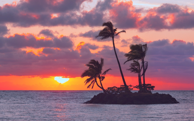 2048x1181 pix. Wallpaper ocean, sky, island, palm trees, islet, nature, tropics, clouds