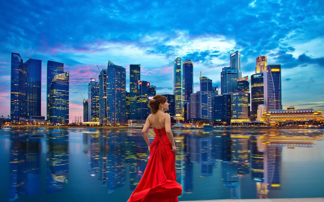 1920x1200 pix. Wallpaper red dress, cityscape, skyscrapers, singapore, smilig girl