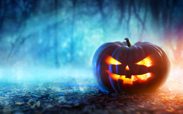 7296x4098 pix. Wallpaper halloween, pumpkin, holidays, horror, fog