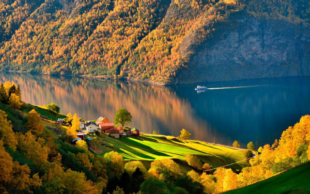 2000x1334 pix. Wallpaper norway, autumn, fjord, ship, forest, village, nature