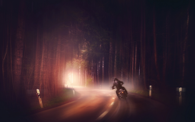 2048x1365 pix. Wallpaper road, fog, forest, night, motorcyclist, biker, bike, motorcycle