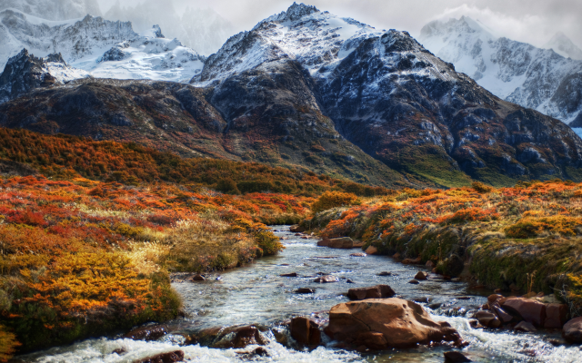 3840x2160 pix. Wallpaper argentina, nature, mountains, snow, landscape, river, grass