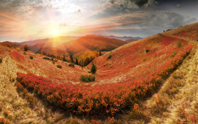 3840x2160 pix. Wallpaper carpathian mountains, nature, sky, clouds, autumn, sunset, sun rays, landscape, hill