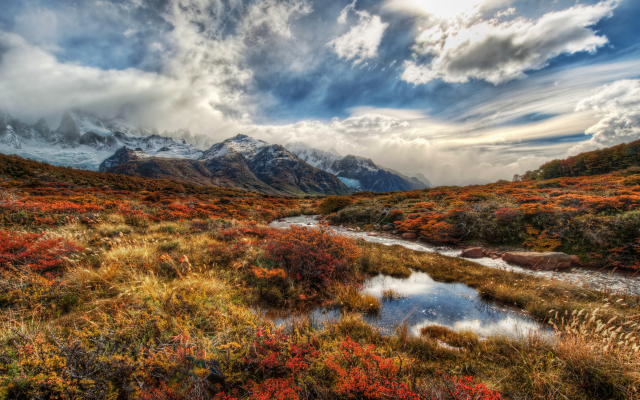 3840x2160 pix. Wallpaper patagonia, nature, clouds, river, landscape, autumn
