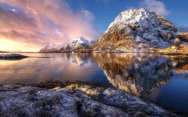 1920x1280 pix. Wallpaper mountains, snow, water, reflection, lofoten, sea, norway, nature