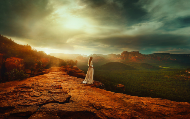 2048x1365 pix. Wallpaper nature, mountains, rocks, women, girl, white dress, sunset