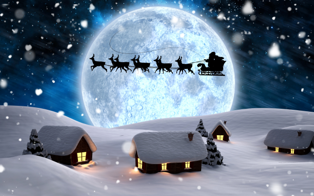 6000x2950 pix. Wallpaper 3d graphics, winter, holidays, christmas, night, snow, moon, reindeer, santa, new year
