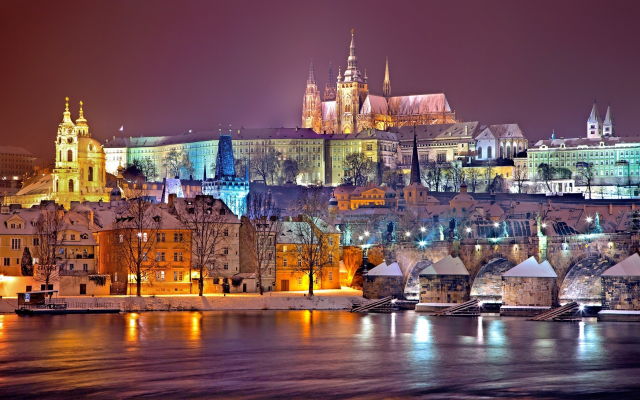 2200x1309 pix. Wallpaper prague, city, evening, winter, snow, river, czech republic