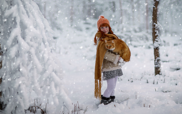 1920x1281 pix. Wallpaper girl, cat, winter, scarf, hat, red cat, freckles, snow