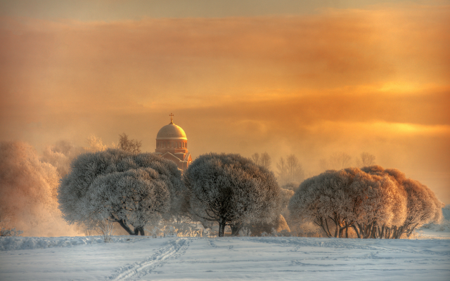 2000x1294 pix. Wallpaper church, nature, winter, snow, tree, frost, dome, sunset, saint-petersburg, russia