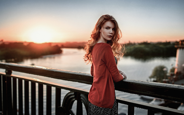 2048x1152 pix. Wallpaper women, redhead, sweater, open sweater, dress, bridge, depth of field, sunset, river, long hair