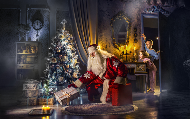 2000x1234 pix. Wallpaper holidays, new year, candles, children, christmas tree, santa claus, gifts
