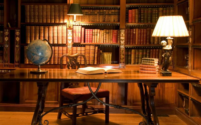 2560x1440 pix. Wallpaper office, desk, books, globe, lamp, library