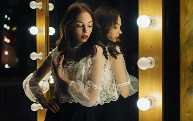 1920x1200 pix. Wallpaper reflection, women, model, lightbulb, mirror, lights, blouse